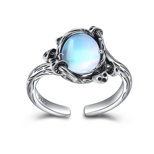 Sterling Silver Moonstone Oxidized Mushroom Adjustable Ring-0