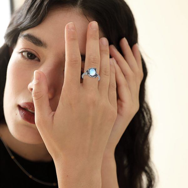 Sterling Silver Moonstone Oxidized Mushroom Adjustable Ring-2