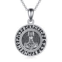 wholesale 925 Sterling Silver Norse Mythology Pendant with Mjolnir and Runes - Viking Amulet Necklace- Oxidized/Oxidised
