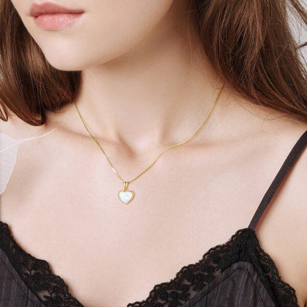 14K Solid Gold Heart Opal Pendant Necklace-2