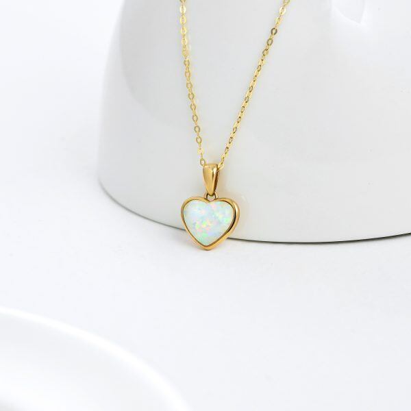 14K Solid Gold Heart Opal Pendant Necklace-3