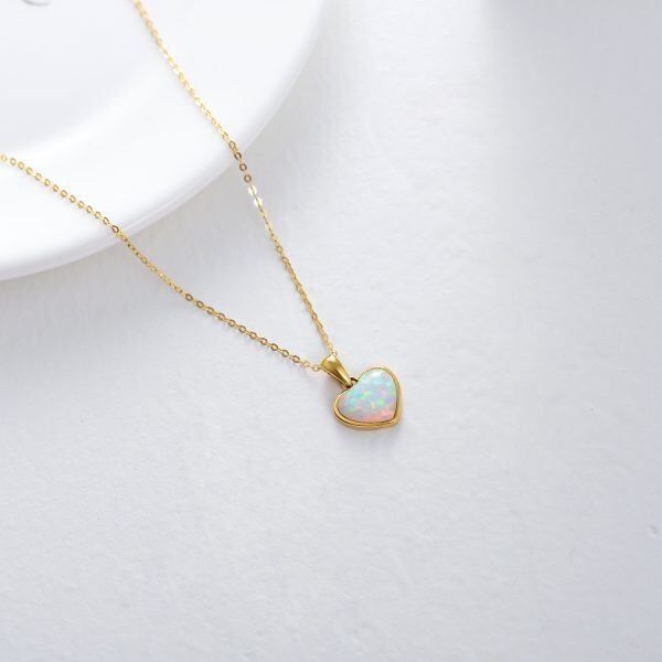 14K Solid Gold Heart Opal Pendant Necklace-4