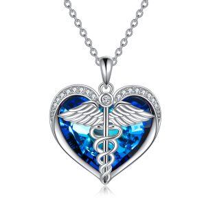 Sterling Silver Caduceus Angel Nursing Heart Pendant Necklace with Blue Crystal-0