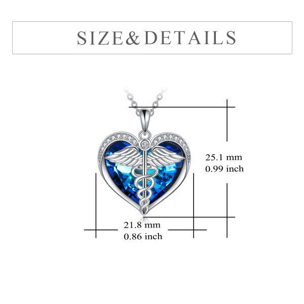 Sterling Silver Caduceus Angel Nursing Heart Pendant Necklace with Blue Crystal-1