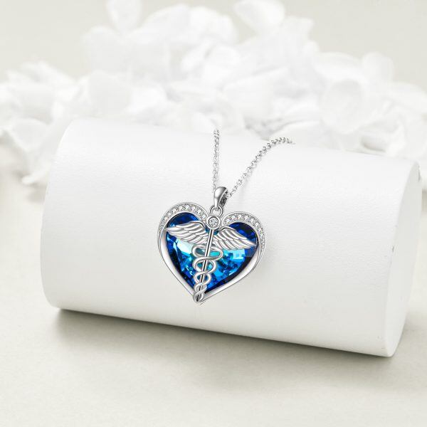 Sterling Silver Caduceus Angel Nursing Heart Pendant Necklace with Blue Crystal-3