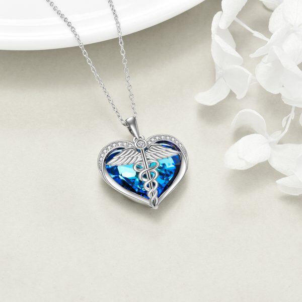 Sterling Silver Caduceus Angel Nursing Heart Pendant Necklace with Blue Crystal-4