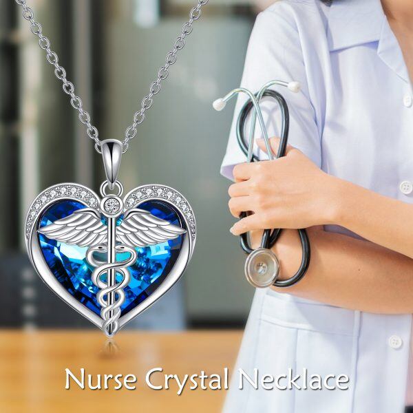 Sterling Silver Caduceus Angel Nursing Heart Pendant Necklace with Blue Crystal-5