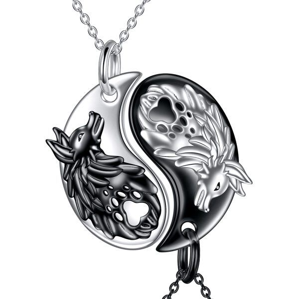 Sterling Silver Wolf Couple Pendant Necklace-0