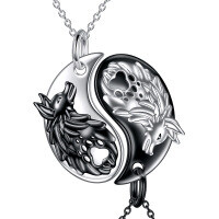 wholesale 925 Sterling Silver Yin Yang Wolf Head Pendant Necklace Set of 2 Gifts for Men & Women- Two Tone