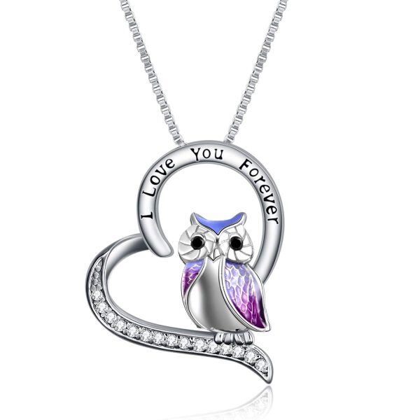 Sterling Silver Enamel Owl Pendant Necklace with Heart Crystal-0