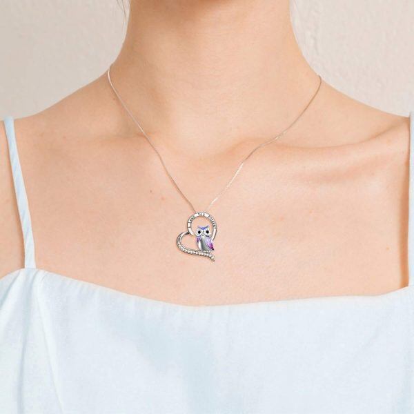 Sterling Silver Enamel Owl Pendant Necklace with Heart Crystal-2