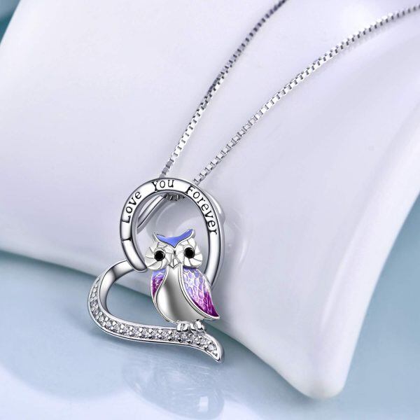 Sterling Silver Enamel Owl Pendant Necklace with Heart Crystal-3