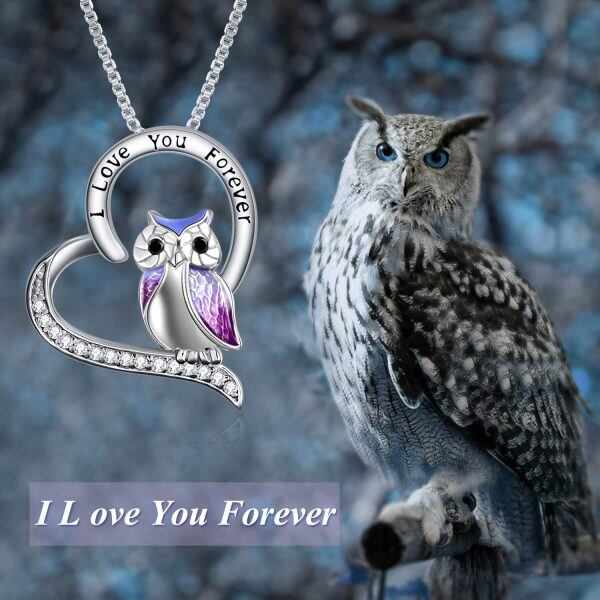 Sterling Silver Enamel Owl Pendant Necklace with Heart Crystal-4