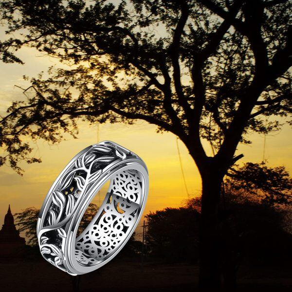 Sterling Silver Oxidized Filigree Leaves Spinner Rings-4