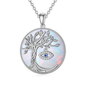 Sterling Silver Tree of Life & Evil Eye Pendant Necklace with Opal-0