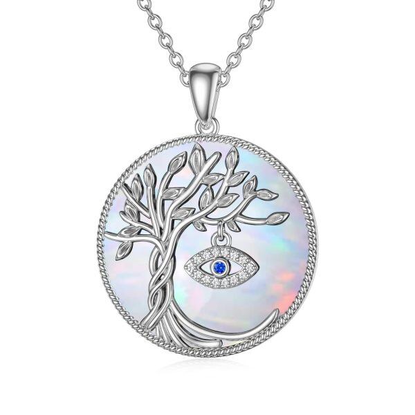 Sterling Silver Tree of Life & Evil Eye Pendant Necklace with Opal-0