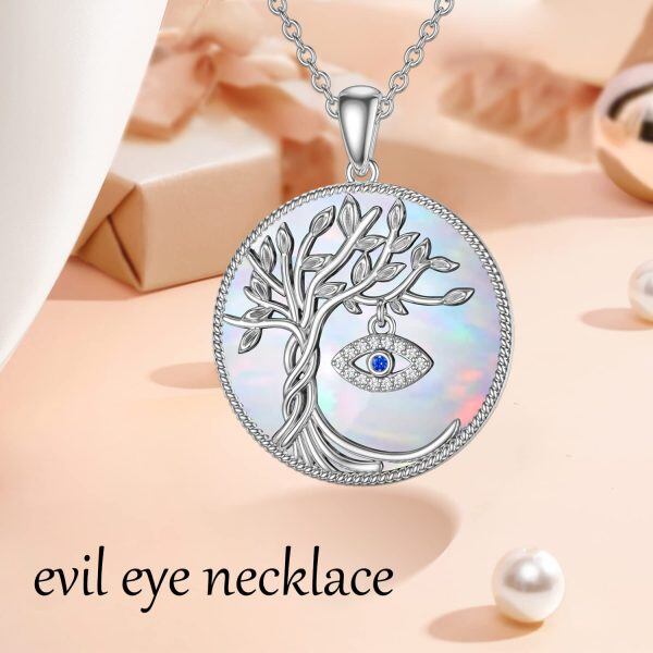 Sterling Silver Tree of Life & Evil Eye Pendant Necklace with Opal-4