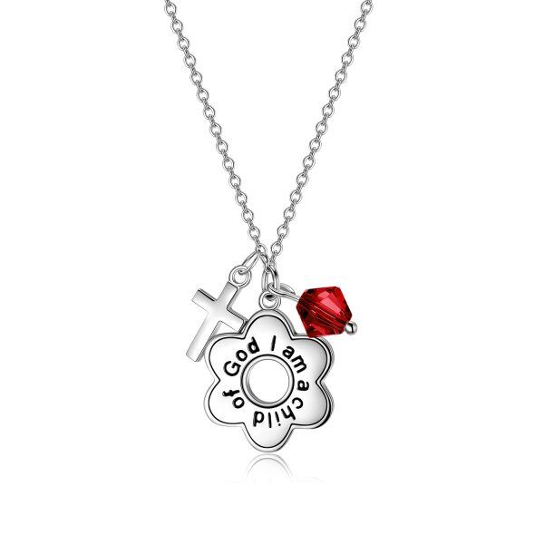 Sterling Silver Flower & Cross Pendant Necklaces with January Birthstone Crystal-0