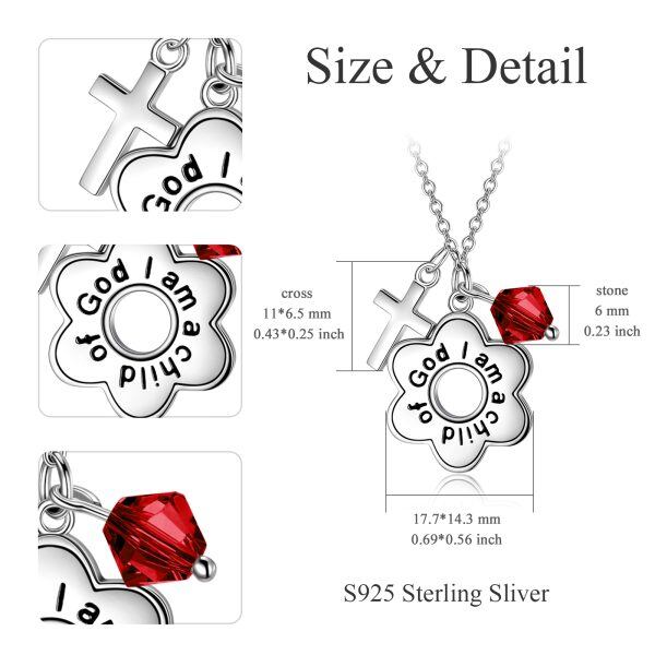 Sterling Silver Flower & Cross Pendant Necklaces with January Birthstone Crystal-1