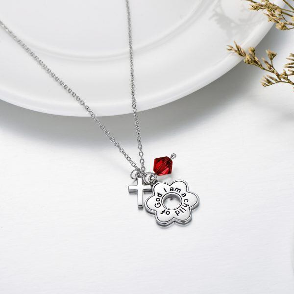 Sterling Silver Flower & Cross Pendant Necklaces with January Birthstone Crystal-5