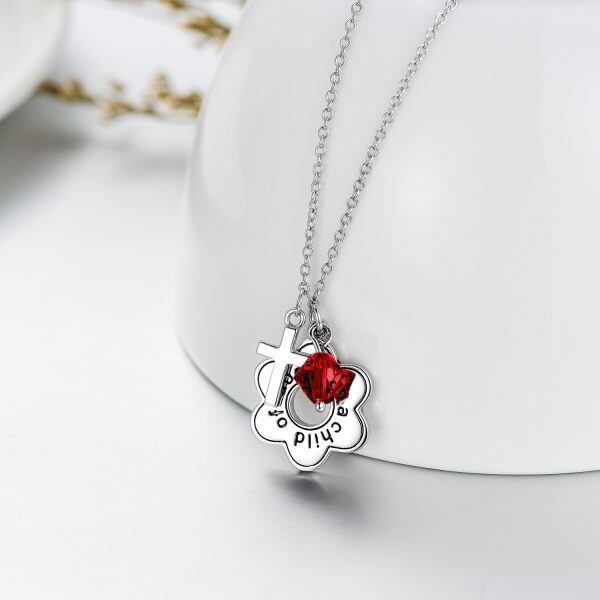 Sterling Silver Flower & Cross Pendant Necklaces with January Birthstone Crystal-6