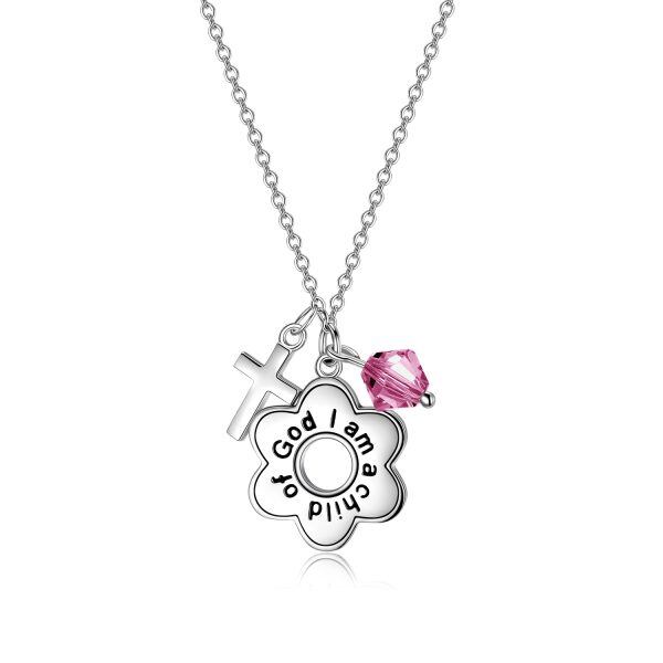 Sterling Silver Flower & Cross Pendant Necklaces with October Birthstone Crystal-0