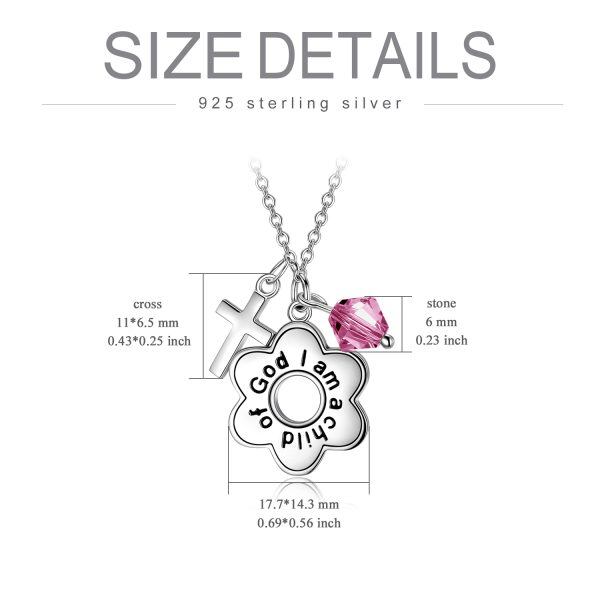 Sterling Silver Flower & Cross Pendant Necklaces with October Birthstone Crystal-1