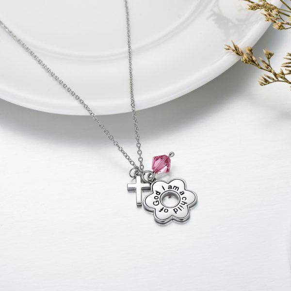 Sterling Silver Flower & Cross Pendant Necklaces with October Birthstone Crystal-4