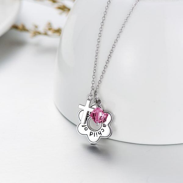 Sterling Silver Flower & Cross Pendant Necklaces with October Birthstone Crystal-5