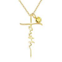 wholesale Gold Faith Cross with Yellow CZ Stone 925 Sterling Silver Pendant Necklace for Women- Gold Plated