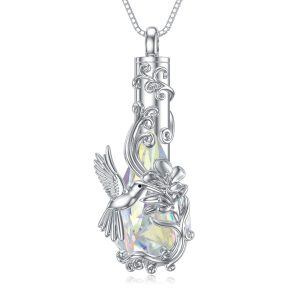 Sterling Silver Hummingbird Urn Necklace with Teardrop Crystal-0