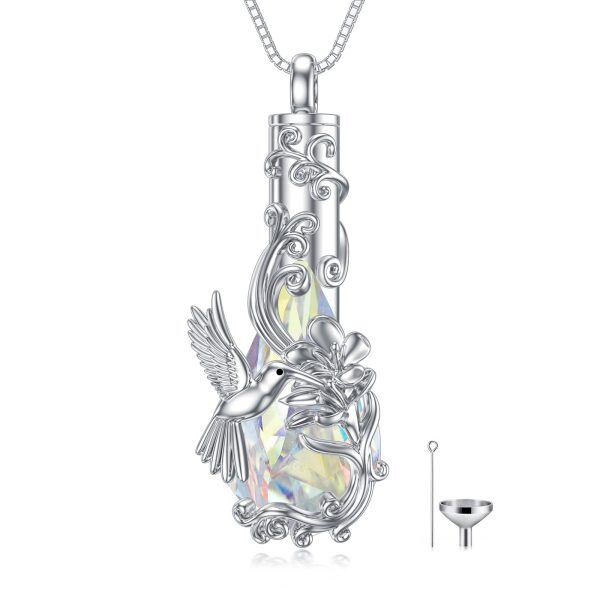 Sterling Silver Hummingbird Urn Necklace with Teardrop Crystal-1