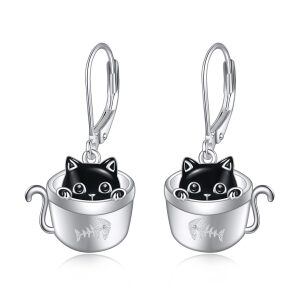 Sterling Silver Cup Black Enamel Cat Dangle Earrings-0