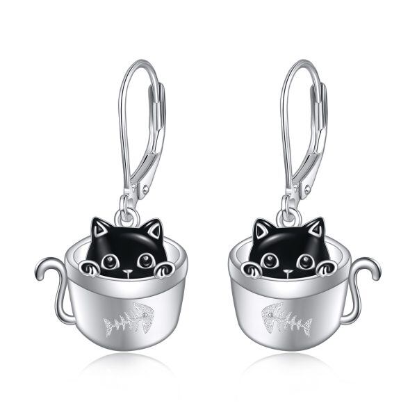 Sterling Silver Cup Black Enamel Cat Dangle Earrings-0