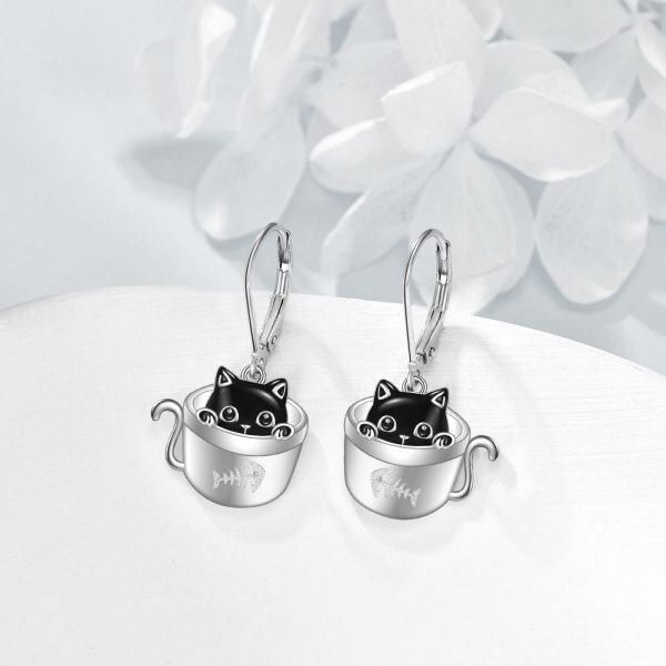 Sterling Silver Cup Black Enamel Cat Dangle Earrings-3