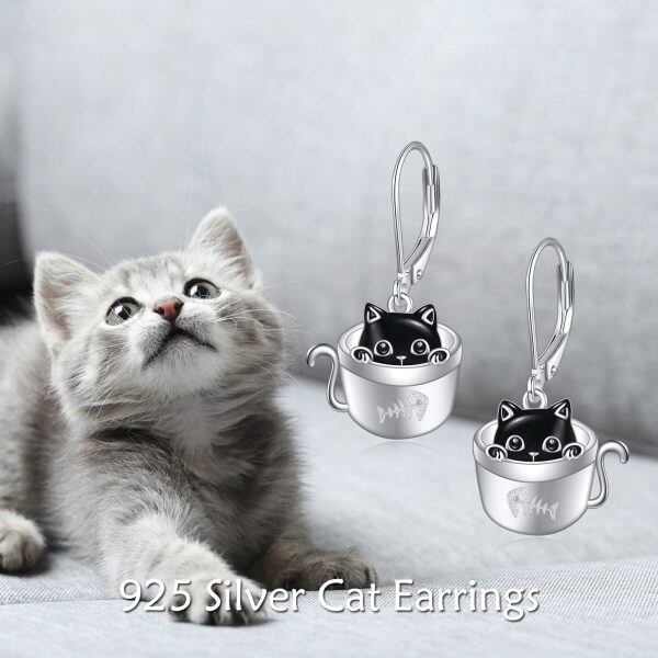 Sterling Silver Cup Black Enamel Cat Dangle Earrings-5