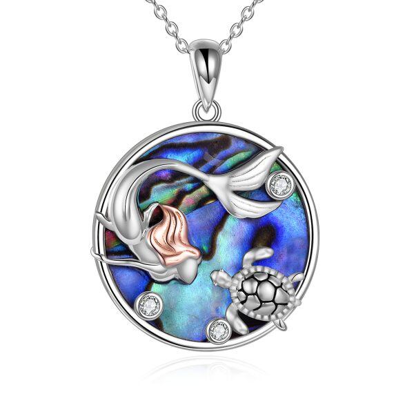 Sterling Silver Mermaid Turtl Pendant Necklace with Abalone Shell-0