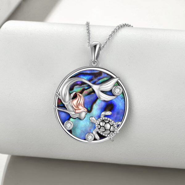 Sterling Silver Mermaid Turtl Pendant Necklace with Abalone Shell-3