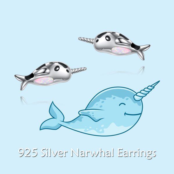 Sterling Silver Opal Narwhal Stud Earrings-5