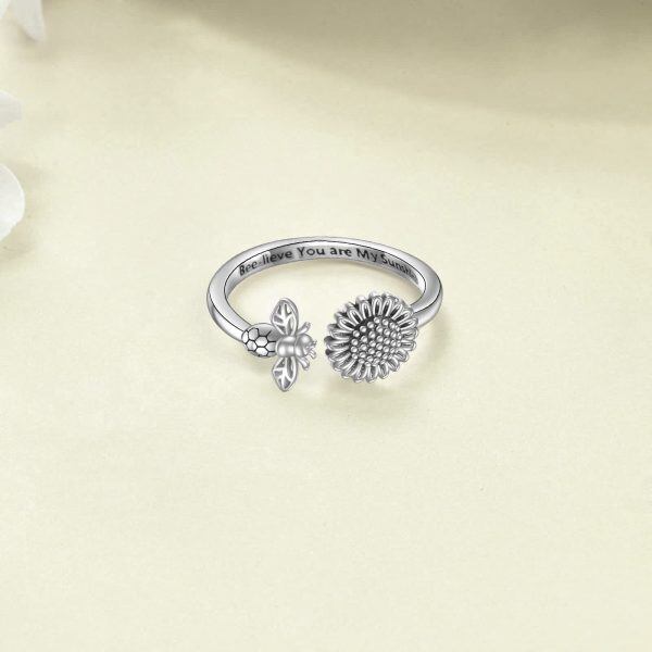 Sterling Silver Oxidized Sunfower Bee Adjustable Rings-3