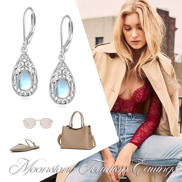 Sterling Silver Moonstone Teardrop Dangle Earrings-5