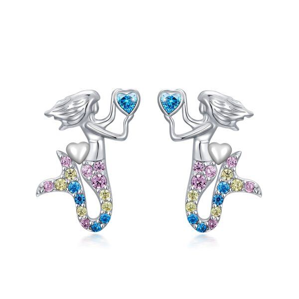 Sterling Silver Rainbow CZ Mermaid Stud Earrings-0