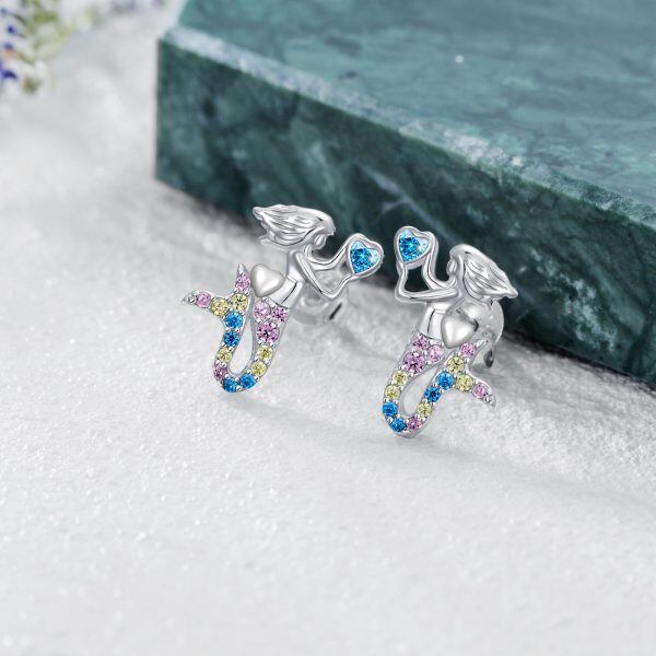 Sterling Silver Rainbow CZ Mermaid Stud Earrings-3