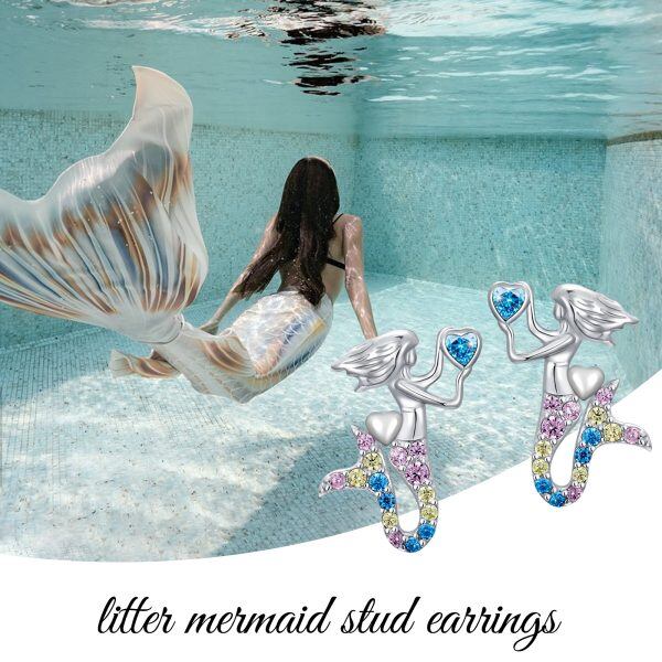 Sterling Silver Rainbow CZ Mermaid Stud Earrings-4