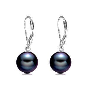 Sterling Silver 8mm Freshwater Black Pearl Dangle Earrings-0