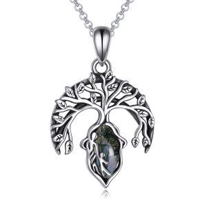 Sterling Silver Tree of Life Moss Agate Pendant Necklace-0