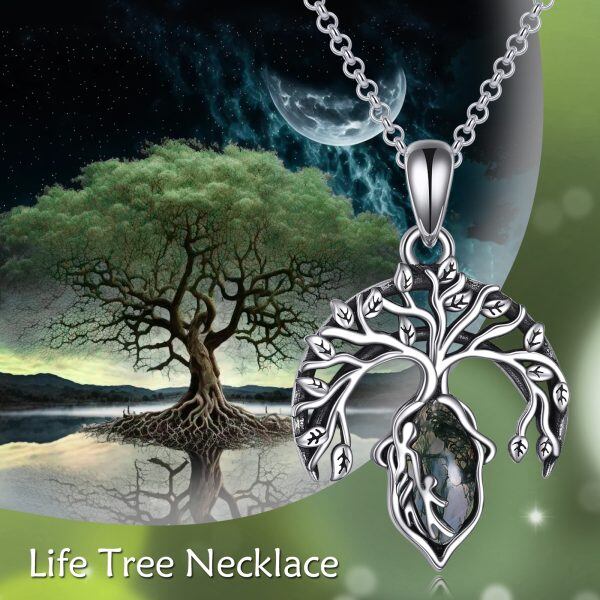 Sterling Silver Tree of Life Moss Agate Pendant Necklace-5