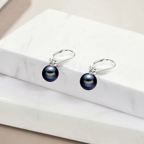 Sterling Silver 8mm Freshwater Black Pearl Dangle Earrings-2