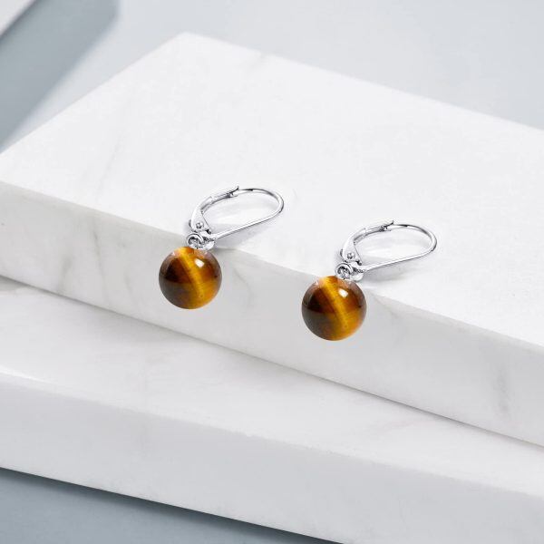 Sterling Silver 8mm Tiger's Eye Dangle Earrings-4