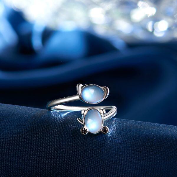 Sterling Silver Oval Shaped Moonstone Dog Adjustable Rings-2